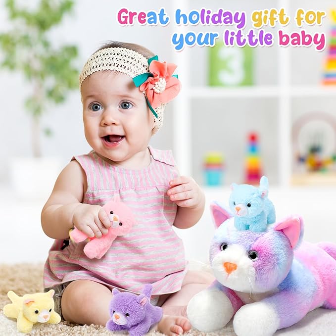 Skylety 5 Pieces Cat Stuffed Animal with Babies Inside Belly Plush Cat Pregnant Mommy Kitty with 4 Cute Fluffy Stuffed Kittens Christmas Birthday Surprise Gifts(Colorful)