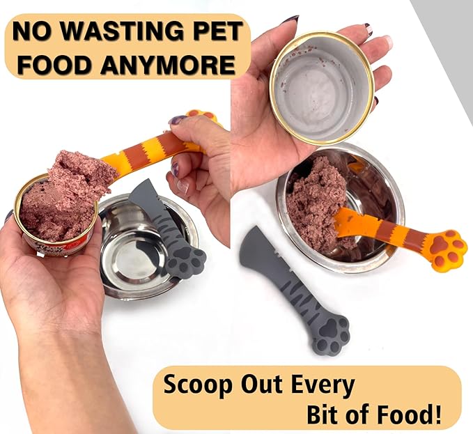 Joyinjojo 2 Pack Dog Cat Food Spoon, Cute Paw Silicone Pet Can Opener Spatula Scoop Mixing Spoons for Wet Canned Food