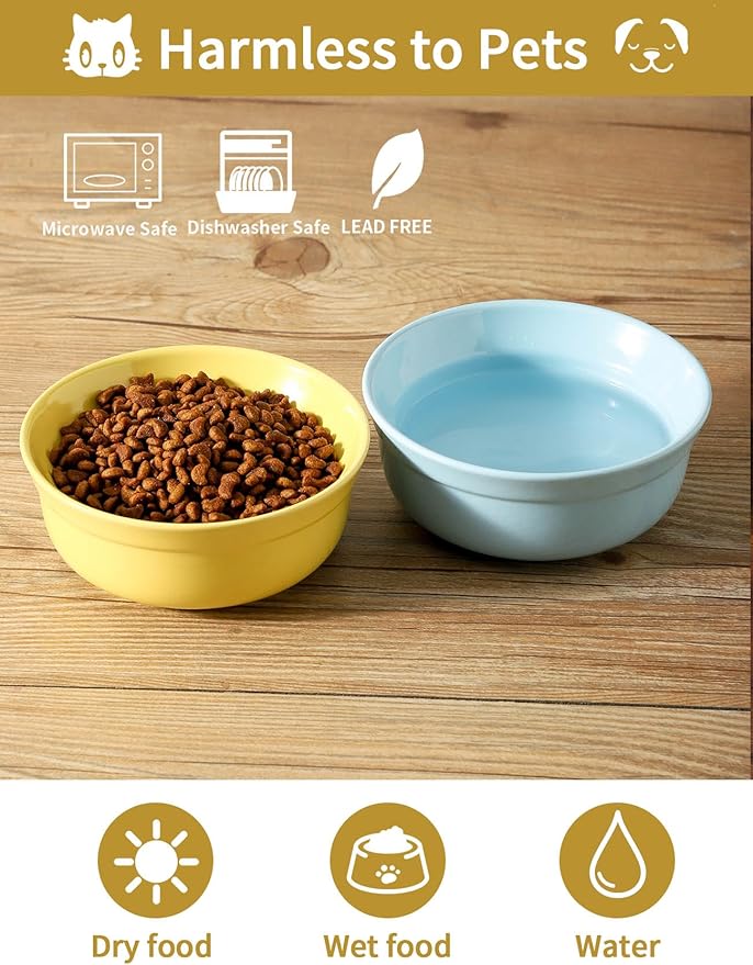 5.3 Inch Blue and Yellow Ceramic Small Dog Bowl Sets - Porcelain Wide Mouth Cat Food or Water Bowls, Cute Feeding Bowls for Indoor Small Size Dog, for Wet or Dry Food