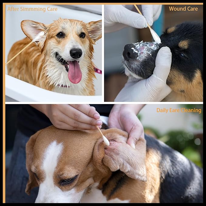 eyxformula 6 Inch Long Cotton Swabs for Pet Cleaning, Bamboo Handle, Pet Ear Cleaning Solution Supplies for Dogs and Cats (100 pcs Large Cotton swabs)
