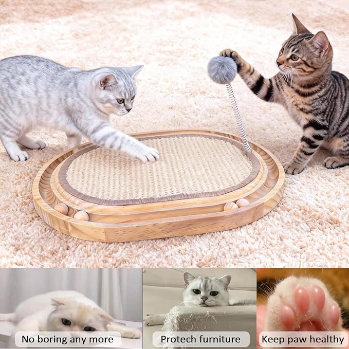 Natural Sisal Cat Scratcher Pad Wooden Interactive cat Toy with Ball Track Springs Ball for Chasing Hunting Physical Exercise Kitten Toys Cat Scratching Mat for Indoor Cats Furniture Protection
