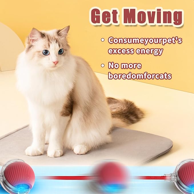 Interactive Rolling Cat Ball, 2025 Upgraded Automatic Cat Ball Dog Toy, Interactive Cat Toy Ball, Automatic Cat Toy Self Moving Cat Toy Interactive Cat Ball for Bored Indoor Cats Dogs (Red)