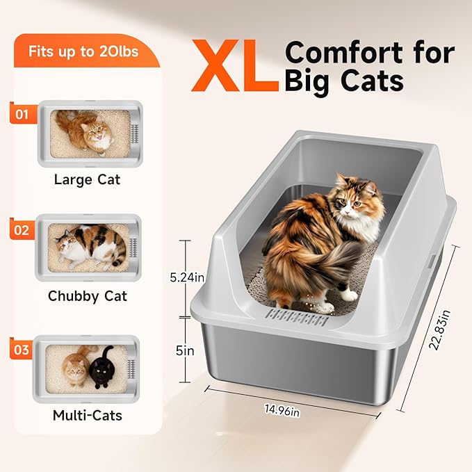 2 Pack XL Stainless Steel Litter Box with High Sides Shield for Multi Cat, Extra Large Tall Wall Open Top Deep Metal Pan for Big Cats, Anti-Leak Non-Stick Odor Control, 2 Scoops Included, Gray