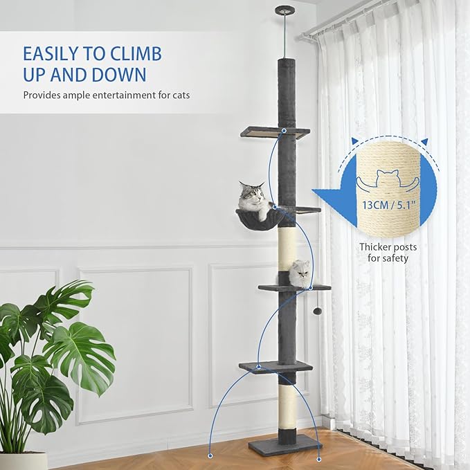 Cat Craft Floor to Ceiling Cat Tree,5 Tiers Tall Cat Tower with Adjustable Height(98-110),Skinny Ceiling Cat Tree with Cozy Hammock,Sisal Scratching Posts,Platforms,and Hanging Balls for Large Cats