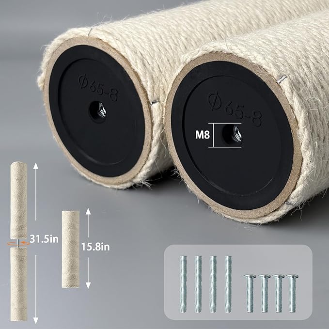 4 Pack Cat Scratching Post Replacement, 15.7 x 3.1 Inch Sisal Poles with M8 Screws, Refill Parts for Indoor Cat Towers and Furniture Repair-White