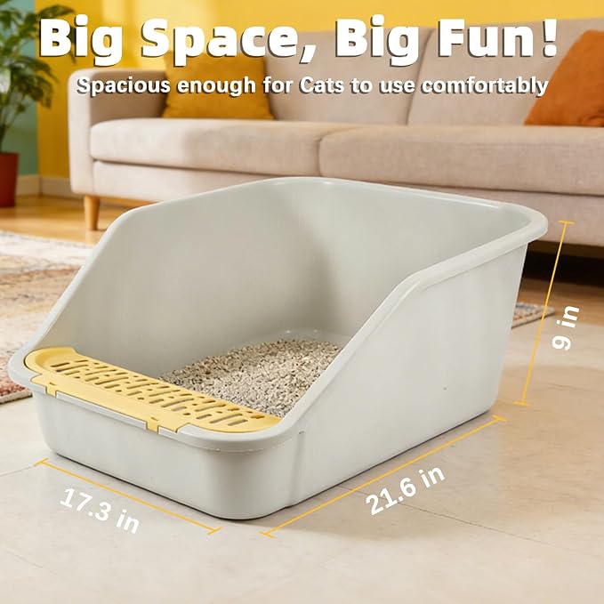 Large Cat Litter Box with High Sides,Cat Litter Pan for Indoor Big Cats,Open Top High Wall Kitty Litter Box with Low Entry for Kitten & Senior Cat,Easy to Clean,Anti-Splashing (Grey)
