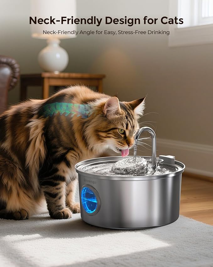 Cat Water Fountain Stainless Steel, 3.2L/108oz Pet Drinking Fountain for Cats Dogs, Automatic Cat Fountain with 2 Flow Modes, Splash-Proof Bowl