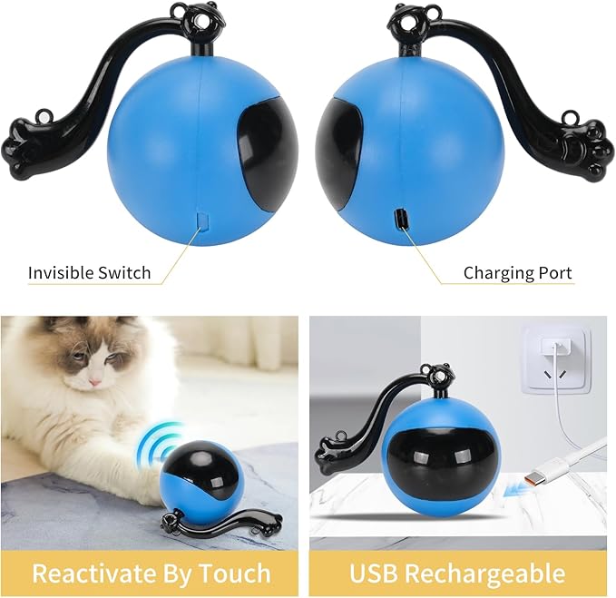 Interactive Remote Control Cat Toy with Sound & Light Locator, Hidden Rolling Ball Under Playmat, Bird Chirp & LED, Touch-Activated, USB Rechargeable Indoor Hunting Toy Blue+Yellow
