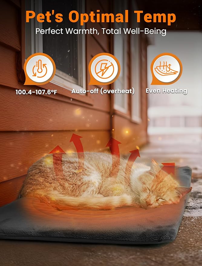 PETNF Outdoor Pet Heating Pad for Cats & Dogs, 100.4-107.6°F Auto Temp Control, Waterproof Fireproof, for Cat House/Dog Kennel/Terrace, Fits Domestic & Stray Pets (Gray 15.7"X27.6")