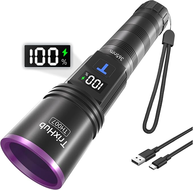 365nm Black Light Flashlight, UV Flashlight Rechargeable with LCD Display, Powerful Ultraviolet Lights for Pet Urine Detection, Resin Curing, Rockhounding, Scorpion, Uranium Glass, A/CLeak