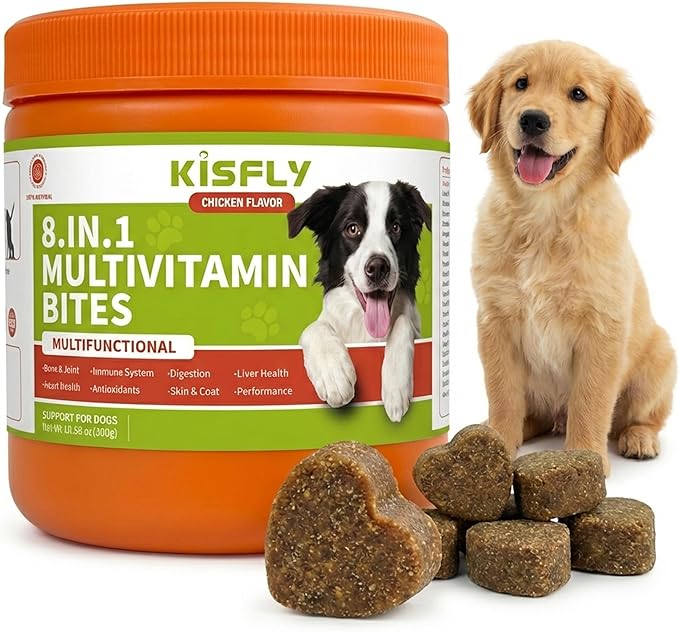 8-in-1 Dog Multivitamin Soft Chews - Glucosamine for Joint Support, Probiotics for Gut Health, Omega-3 for Skin and Coat - Daily Health Supplement for All Breeds
