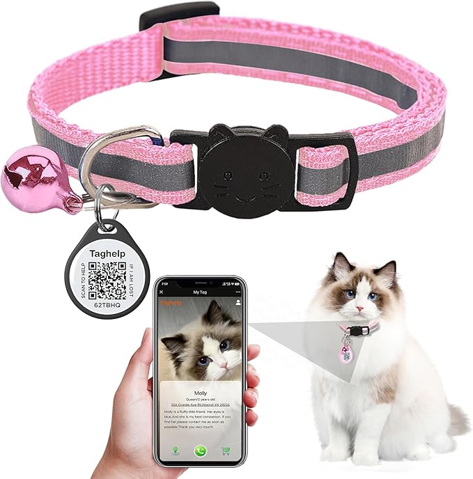 Reflective Cat Collar Breakaway with QR Code Tag for Girl Boy cat Name tag Kitten Collars with Bell Cat ID Tag Personalized Real-time scan alerts. (Pink)