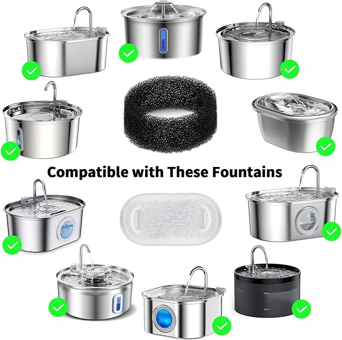 Wonder Creature 24 Pack Cat Water Fountain Filter Replacement, 4+4/8+8/12+12/16+16 Pack for Stainless Steel Cat Water Fountain 2L/67oz and 3.2L/108oz, 12 Carbon Filters & 12 Pre-Filter Sponges