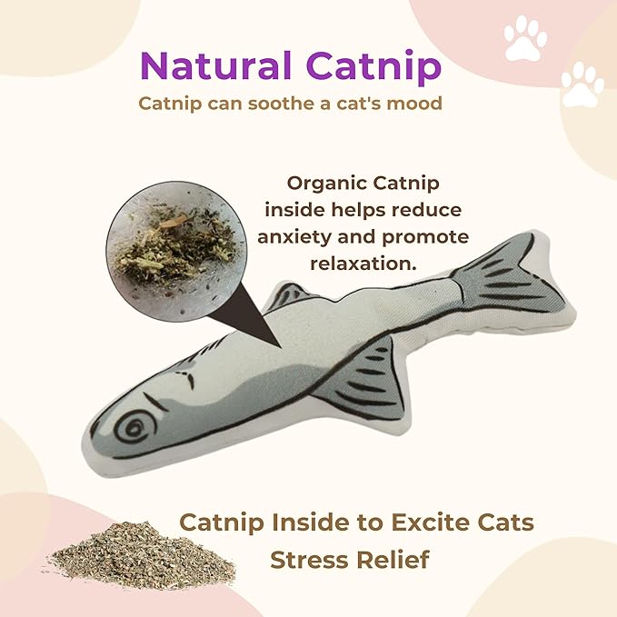 Cat Toys Fish 4-Pack, Durable Canvas Catnip Toys for Indoor Cats and Kittens, Interactive Kicker and Chew Toys, Soft Plush Cat Toys Set