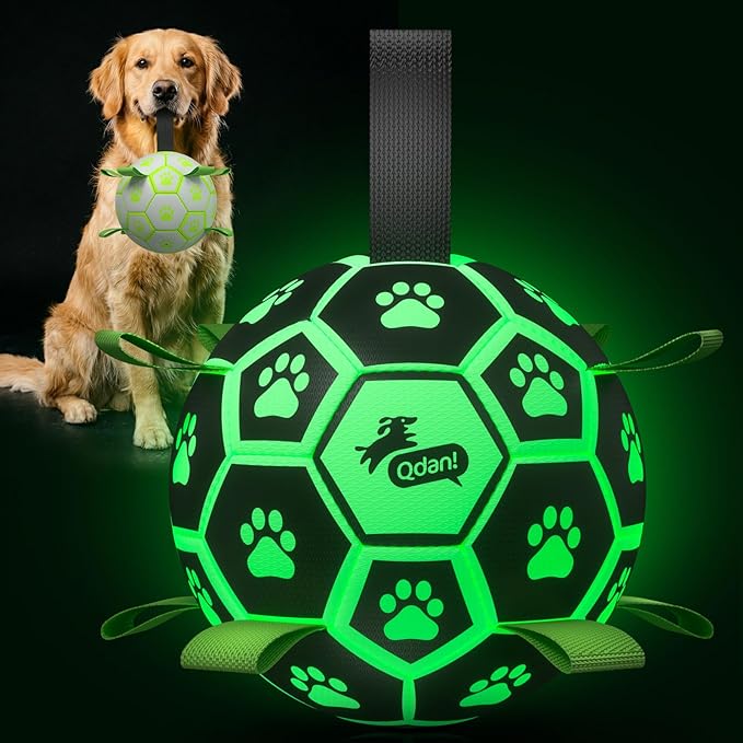 QDAN Glow in The Dark Dog Toys Soccer Ball with Straps - Light Up Dog Balls for Large Dogs, Interactive Dog Toys with Strap for Tug of War,Puppy Birthday Gifts (8 Inch)