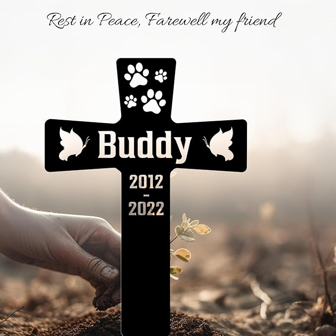 Custom Pet Paws Memorial Cross, Personalized Dog Metal Stake for Cemetery Yard, Sympathy Grave Marker with Paws, Memorial Plaque Cemetery Garden Stake