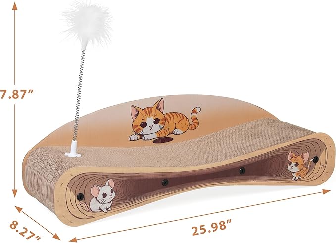 Cat Scratcher Lounge Bed, Reversible 2-in-1 Cardboard Scratching Board, Durable Curved Cat Scratch Pad for Indoor Cats with Toy, Cartoon Pattern