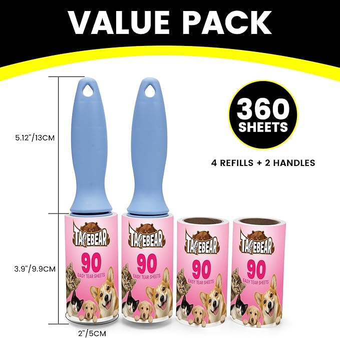 TAPEBEAR Lint Rollers 360Sheets with 2 Handles, Sticky Roller for Pet Hair Lint Debris, Easy Start Easy Spiral Tear Dog and Cat Lint Remover for Clothes Sofa Bed Furniture Carpet Car Seat