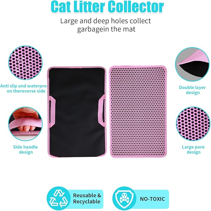 Cat Litter Mat, Kitty Litter Collector, Double Layered Honeycomb Design Waterproof, Anti Urine, Anti Slip, Easy to Clean, Limit Garbage (35"x24", Pink)