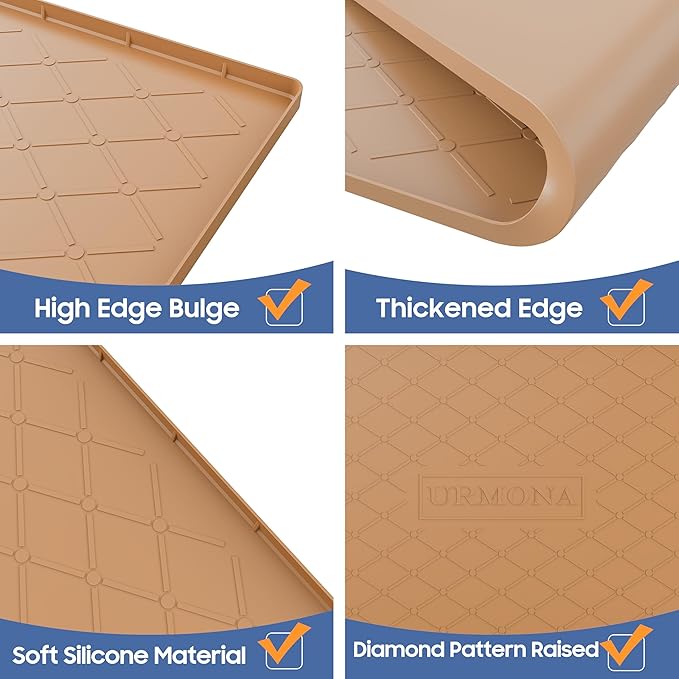 URMONA Large Dog Food Mat, 28" x 22" Pet Food Mat, Waterproof Dog Cat Food Mat with Raised Edges, Silicone Pet Food Mat, Dog Accessories, Prevents Food Spills, Protects Floors（Beige）