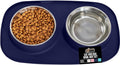 GORILLA GRIP Feeding Mat Set, Patent Pending 100% Waterproof BPA Free Silicone, Stainless Steel Cat and Dog Bowls, Slip Resistant, Edges Catch Water, Food, US Designed Pet Accessories, 1 Cup Navy Blue
