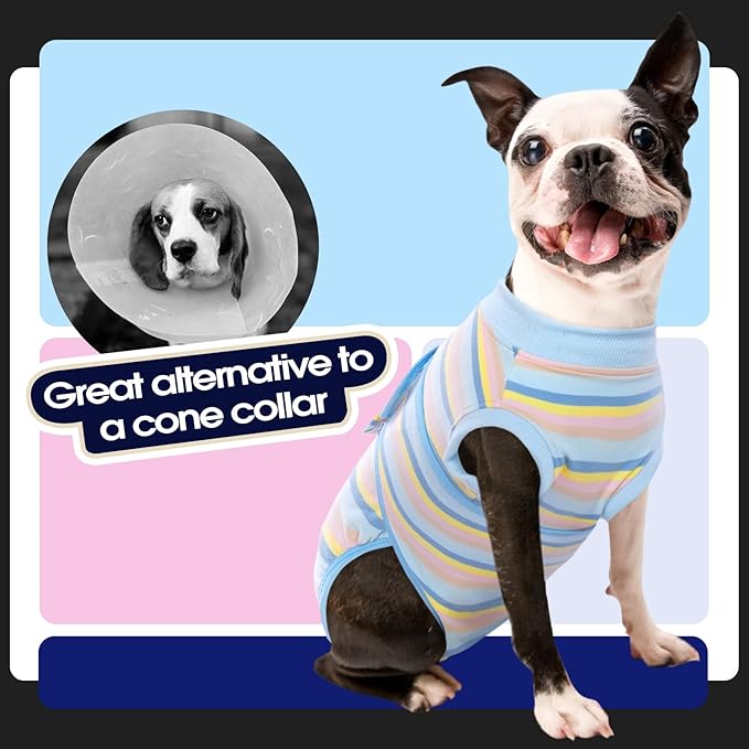 FUAMEY Recovery Suit for Dogs After Surgery,Soft Breathable Dog Bodysuit E-Collar & Cone Alternative Surgical Suit,Male Female Dog Neuter Spay Suits Anti Licking Wounds Onesie Blue Yellow Stripes S