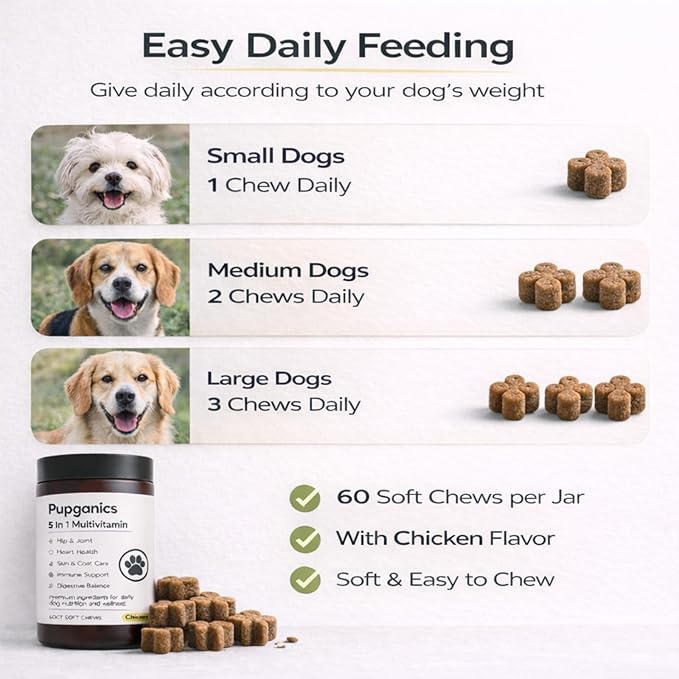 Pupganics Multivitamin Soft Chews for Dog, Dog Vitamins and Supplements for Immune System, Joint Support, Skin, Gut Health, with Probiotics, Glucosamine, Vitamin A/D3/E, Chicken Flavor, 60 Count (1)