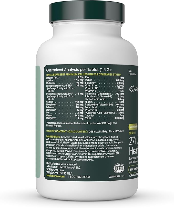 VetriScience Senior 27+ Active Health Chewable Tablets, Canine Plus Daily Multivitamin for Senior Dogs, Balanced Vitamins, Minerals and Antioxidants, Aging and Wellness Support, Veggie, 60 Count