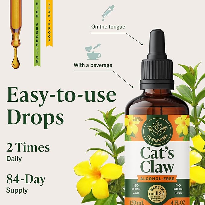 HERBAMAMA Cat's Claw Tincture - Vegan Immune Support with Cat's Claw Extract Supplement - Non-GMO, Alcohol & Sugar-Free Uncaria Tomentosa Extract Drops - 84-Day Supply