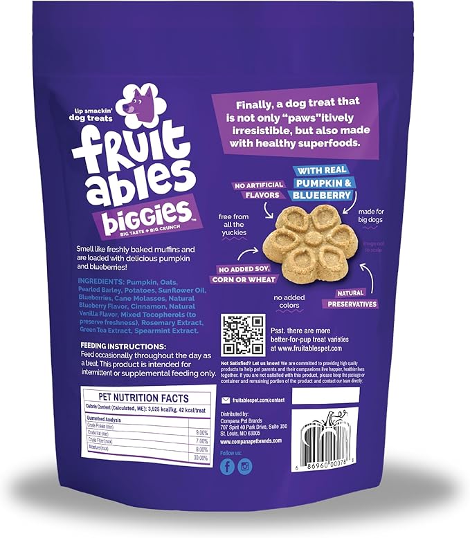 Fruitables Biggies Dog Biscuits, Healthy Treats for Dogs, Doggie Biscuits, Crunchy Pumpkin Treats, Made Without Wheat, Corn and Soy, Made in The USA, Pumpkin and Blueberry Flavor, 16oz