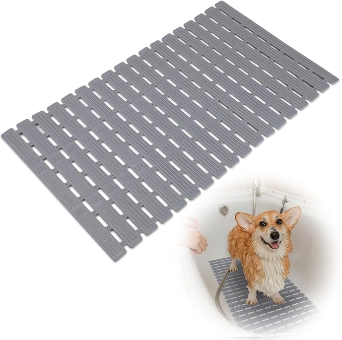 Non Slip Dog Bath Mat for Tub, Quick Drain Pet Bathtub Mat, 26.8 x 15.7 Inch Trimmable Non Slip Shower Pad with Drain Holes and 162 Suction Cups for Pet Bathing, Dog Shower Attachment (Grey S)