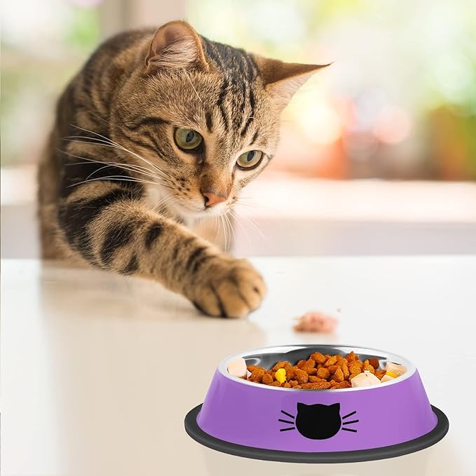 Serentive 3 Pcs Non-Slip Stainless Steel Small Cat Food Bowls - Unbreakable, Thicken 7 Oz Cat Dishes - Indoor, Removable Rubber Base, Easily Clean, Lovely Color