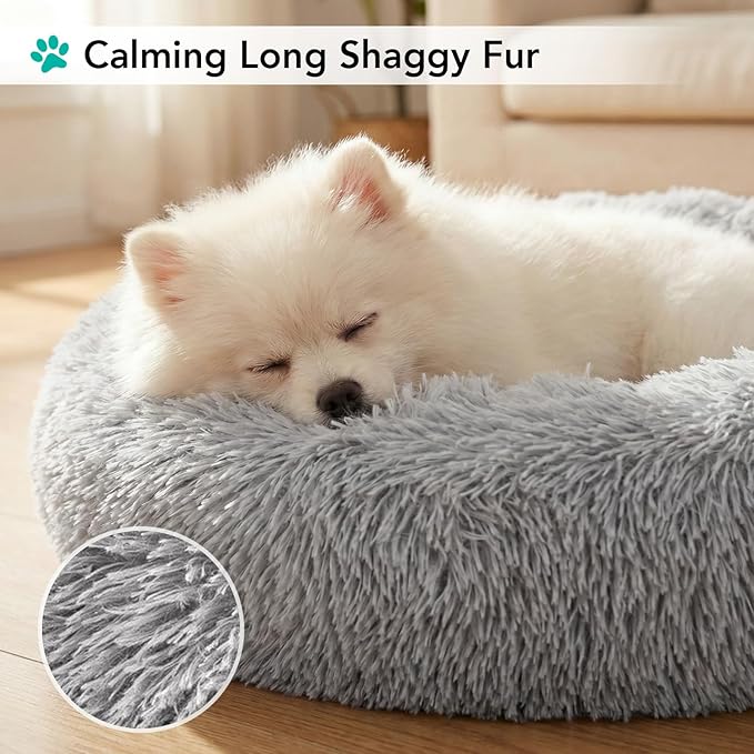 PetAmi Calming Dog Bed for Small & Medium Dogs and Cats, 23 Round Donut Dog Bed, Washable Fluffy Faux Fur Puppy & Cat Bed, Anti-Anxiety Plush Cuddler Pet Bed with Anti-Slip Bottom - Light Gray