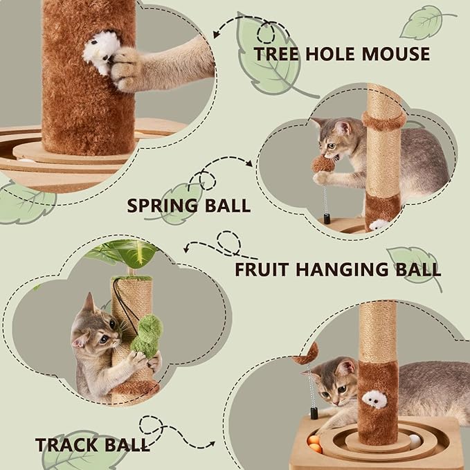MECOOL 35in Tall Cat Scratching Post Sturdy and Premium Scratch Posts with Hanging Ball and Ball Track Cute Cat Tree for Indoor Cats