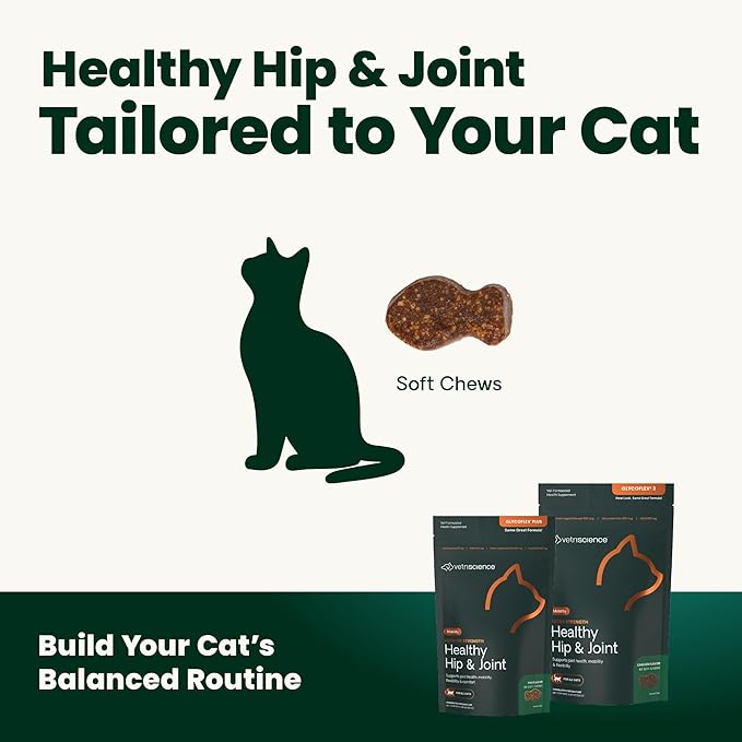 VetriScience Extra Strength Healthy Hip & Joint Chews, GlycoFlex Glucosamine and Green-Lipped Mussel Joint Support Supplement for Cats, Promote Mobility and Soothe Joint Discomfort, Chicken, 60 Count