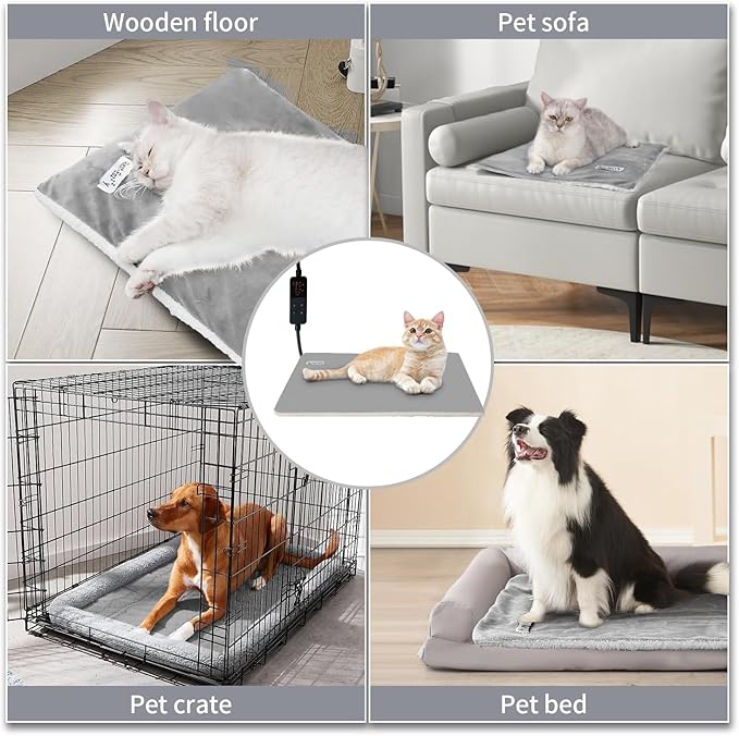 Rest-Eazzzy Heated Cat Bed with Removable Cover, 5 Level Timer & Temperature, Indoor Warming Mat for Cats & Dogs (Heat Pad, Pure-Grey, L)