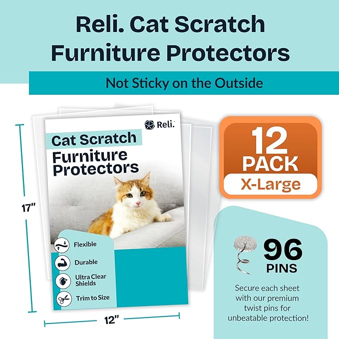 Reli. Cat Scratch Furniture Protector XL (12 Pack w/Pins) Anti Cat Scratch Couch Protector from Claws | Self Adhesive, Clear Plastic Furniture Shield for Couch Corner, Sofa