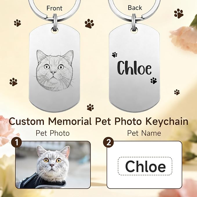 Custom Dog or Cat Portrait Keychain, Personalized Photo Engraved Keychains with Name, Customized Pet Memorial Gifts for Loss of Pets (Dog Tag Shape)