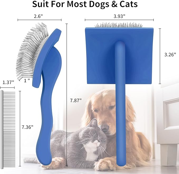 Long Pin Slicker Brush for Doodles & Poodles - 25mm Extra Long Pins Dog Brush with Stainless Steel Cleaning Comb, Solid Beech Wood Dematting Brush for Thick, Curly & Double Coats,Blue