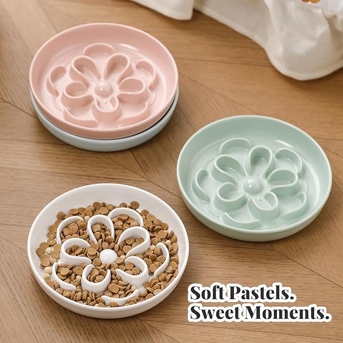 Melamine Cat Slow Feeder Bowl - Floral Maze Cat Food Dish - Flat Plate for Dry & Wet Food - Cute Kitten Bowl - Dishwasher Safe - 6.3'' W x 1'' H - 5.5 oz (160g) - Pink