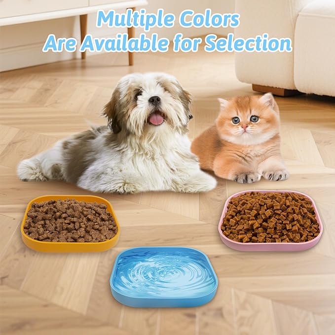 Fhiny 2PCS Silicone Cat Bowls Set 5.9 x 5.9 in Shallow Dog Dish Whisker Friendly Cat Food Plate for Dry & Wet Food Dishwasher Safe Non-Slip Pet Feeding Bowls for Kittens and Puppies (Blue+Pink)