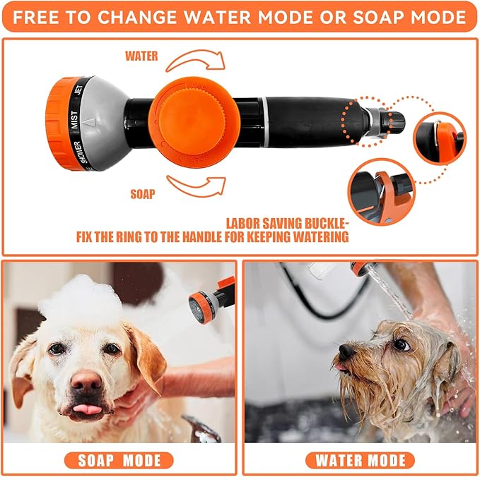 Pup Dog Wash Garden Hose Nozzle with Soap Dispenser for Car Washing, 10 Sprayer Pattern Dog Washing Hose Attachment Outdoor Use Dog Shower Attachment with Dog Brush for Pet Shower