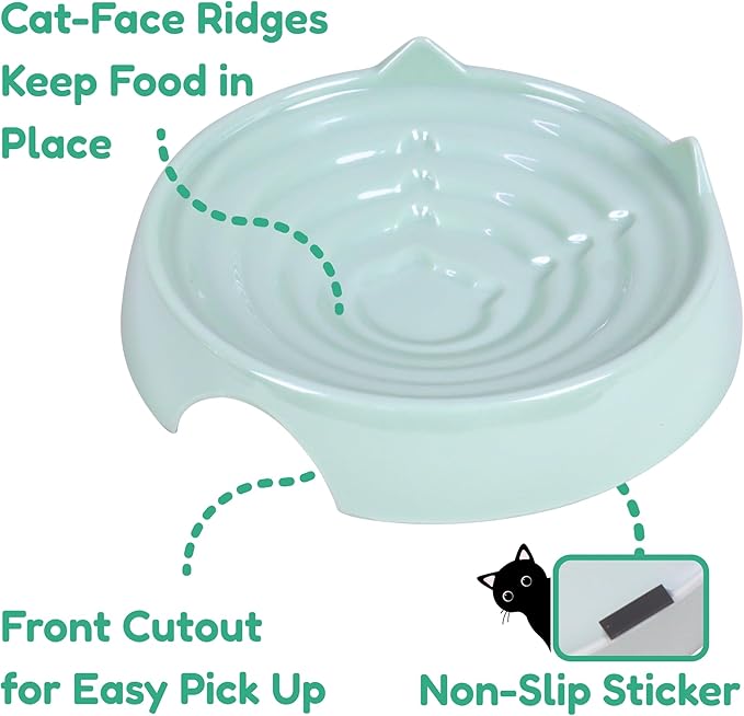 2 Pcs Whisker-Friendly Cat Food Bowl, Melamine Shallow & Wide Cat Bowl for Indoor Cats,Relieves Whisker Fatigue,Non-Slip Cat Dish for Wet and Dry Food (Green + Blue