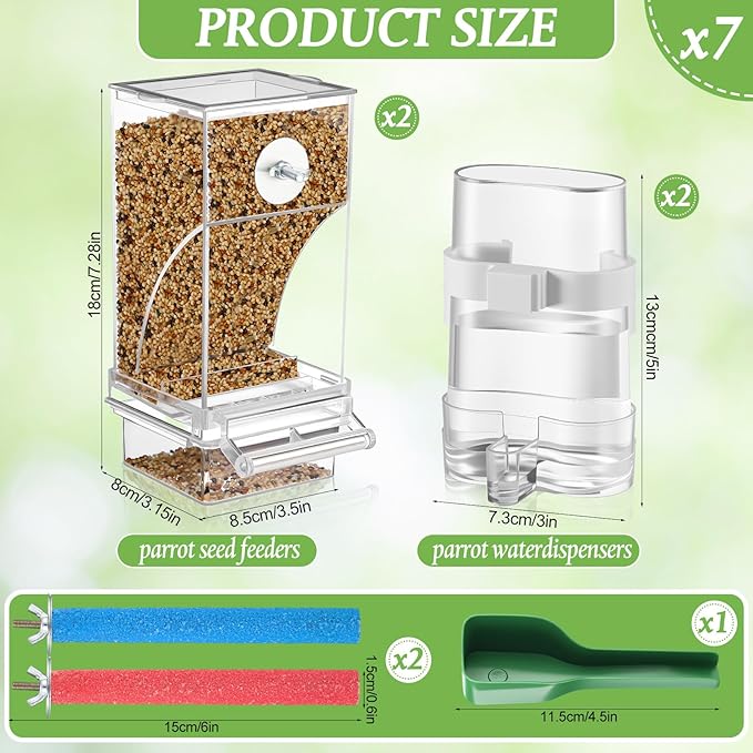 Novabright 7 Pcs No Mess Bird Feeder Water Dispenser Set Include Automatic Parakeet Feeder and Drinker with Bird Paw Grinding Stick Cage Accessories for Small Medium Cockatiel Lovebird(Classic,Clear)