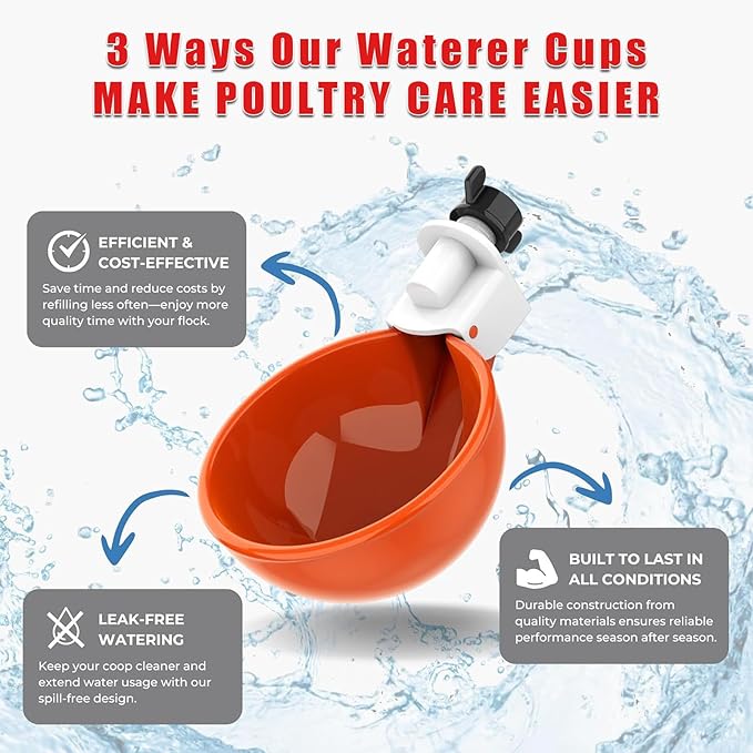 Chicken Feeder & Waterer Combo Kit – 8 Pack Total (4 Automatic Feeder Cups + 4 Waterer Dishes) for Buckets & Bins, No Waste Rainproof DIY System for Hens, Ducks & Other Poultry