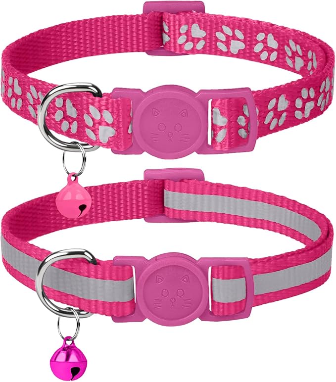 Taglory Kitten Collar Breakaway with Bell, Reflective Soft Cat Collar for Small Kittens, Adjustable 6-8 Inch High Visibility Night Strip, Lightweight for 2-6 Months Baby Cats, 2 Pack, HotPink