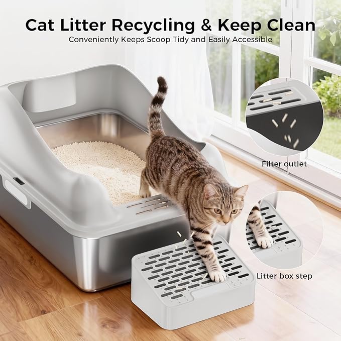 GTPLAYER XL Stainless Steel Cat Litter Box for Big & Multiple Cats, Easy Clean Odor-Resistant Design, High Sided Leak-Proof Litter Box with Mat & Scoop – Dark Grey