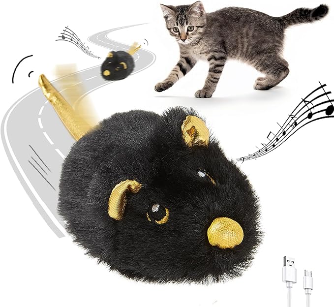 Cat Toys Squeaky Rechargeable Moving Mouse with Dynamic Magic Tail, Automatic Self Play Cat Toy for Indoor Kittens (Black)