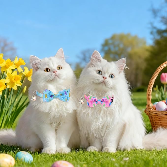 JarThenaAMCS 3 Pcs Easter Cat Collar with Breakaway Bell Bow Tie Rabbit Bunny Egg Adjustable Kitten Collars for Spring Girl Boy Cats Small Pet Party
