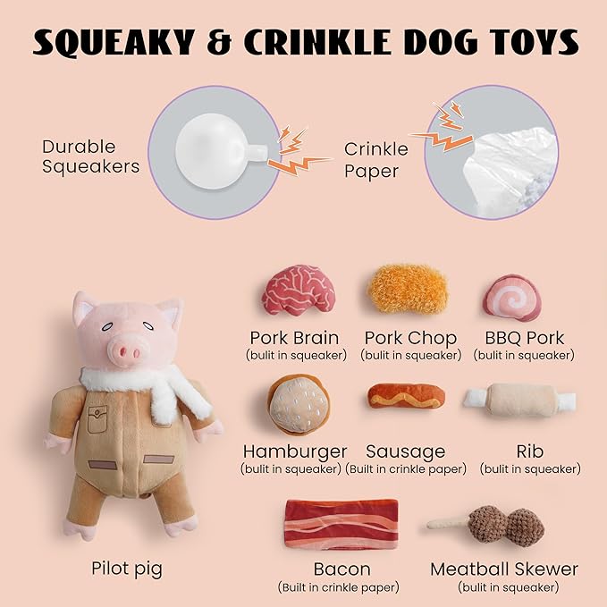 Nocciola Stuffed Pig Dog Toys: Hide and Seek Funny Squeaky Crinkle Plush Dog Chew Toys for Small Medium Breed, Cognitive Training Pet Enrichment Gifts Supplies